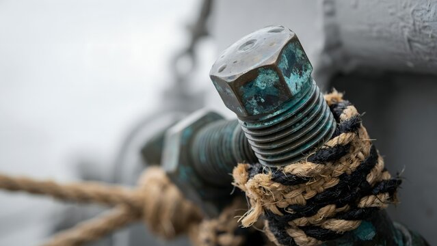 close-up of a metal bolt with rust and frayed rope tied around it on a textured surface