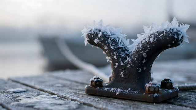 Close-up of snow-covered boat cleat mounted on weathered wooden dock