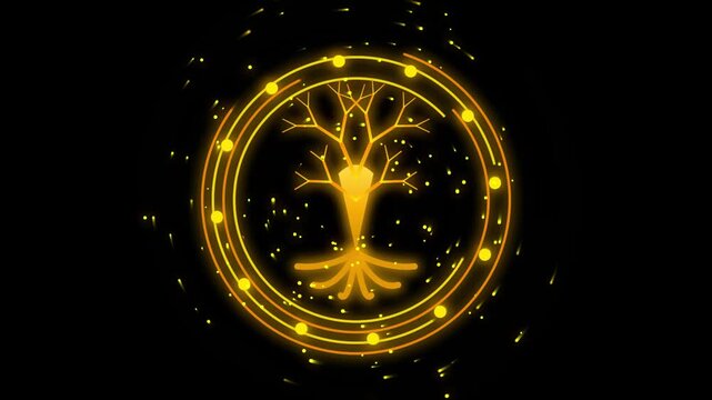 A mesmerizing golden tree of life illustration encircled by glowing orbs and dynamic energy streams evokes growth and connection