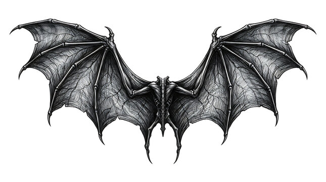 Monochrome pencil sketch of detailed fantasy bat wings with intricate skin texture