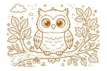 Fototapeta premium Cute owl sitting on a tree branch in a woodland autumn forest