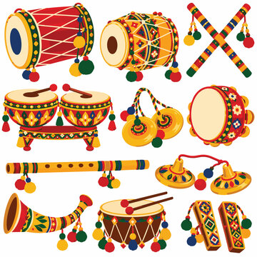 Traditional Indian Dhol and Percussion Instrument Collection with Colorful Drums, Dandiya Sticks, Tabla, Cymbals and Folk Music Accessories