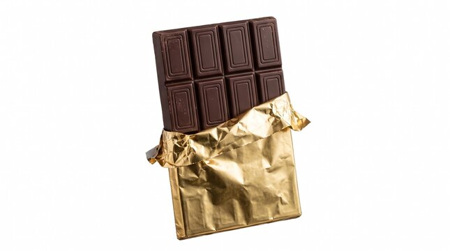 Dark chocolate bar partially unwrapped in gold foil on white