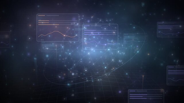 Futuristic digital globe and data analytics interface rotating in cyberspace loop