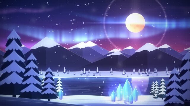 Winter night landscape aurora borealis mountains glowing crystals 4K loop