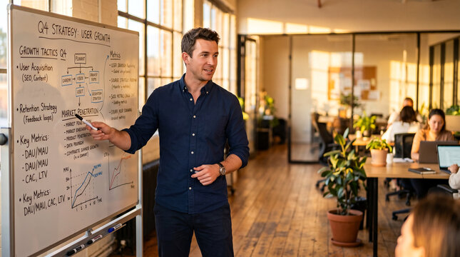Man presenting quarterly strategy on a whiteboard in a modern office setting