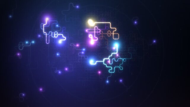 Random walk algorithm visualization with glowing nodes and circuit paths loop