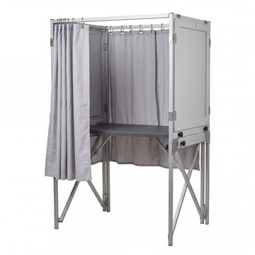 Portable privacy booth with grey curtains and a sturdy metal frame, designed for temporary voting stations, confidential ballot casting, or private changing areas at events