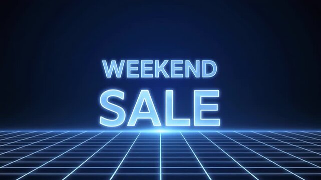 Weekend Sale Glow: A futuristic grid illuminates a vibrant WEEKEND SALE sign with a radiant blue glow, creating a sense of urgency and excitement for shoppers.