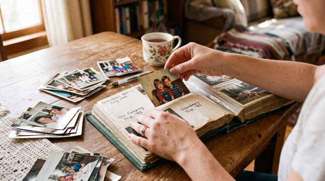 Person organizes vintage family photographs into an old memory album on a rustic wooden dining table.
