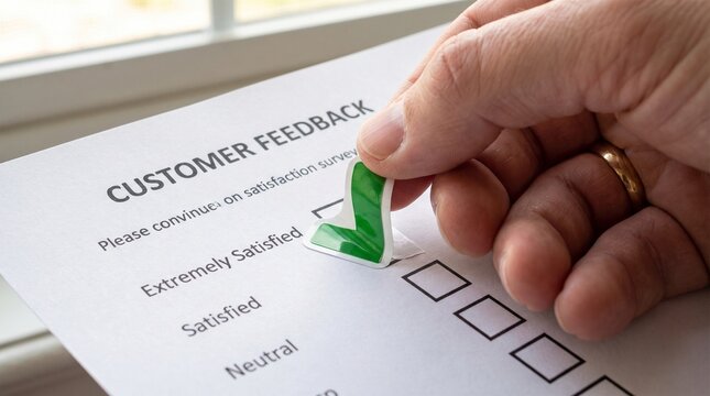 A person holding a green checkmark sticker and placing it on an extremely satisfied checkbox on a customer feedback survey form near a window