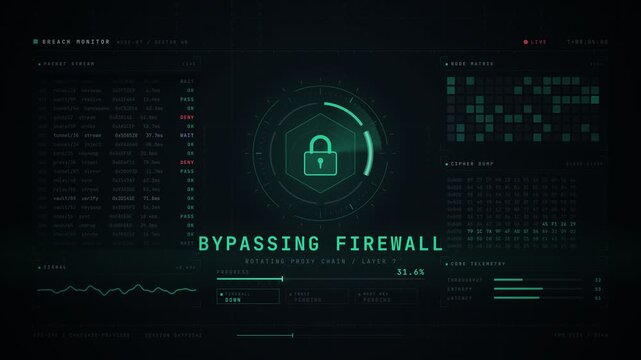 Cyber security breach interface scanning network and bypassing firewall for access granted
