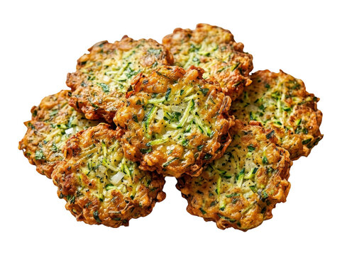 A pile of delicious golden fried zucchini fritters on an isolated white background transparent background