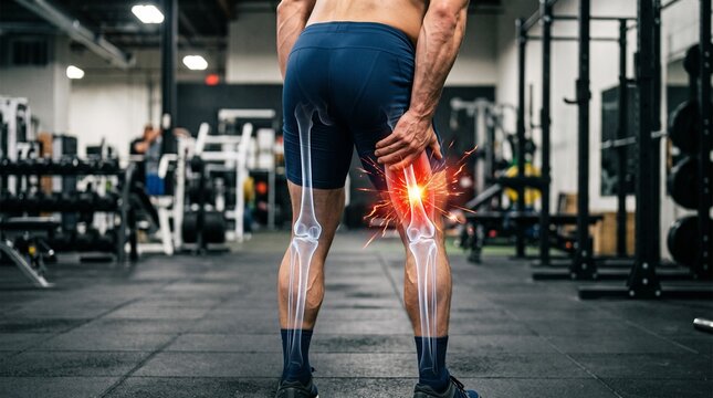 Athlete suffering from painful hamstring injury in gym with highlighted skeletal anatomy visualization