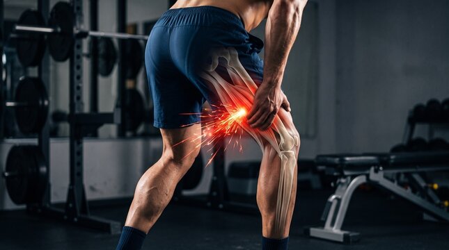 Severe Hamstring Muscle Strain Concept With Anatomical Skeleton Overlay In Gym Environment
