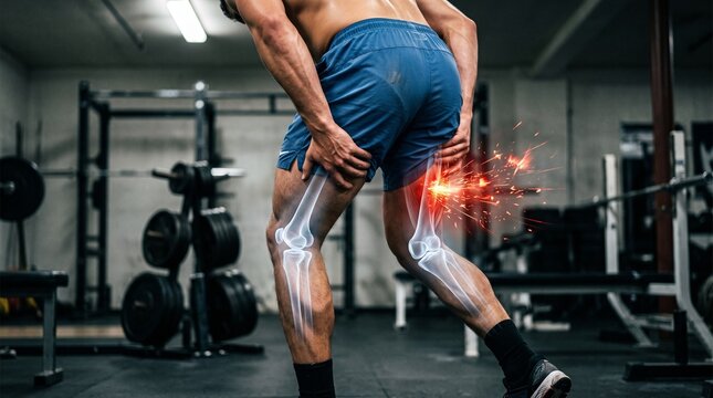 Male athlete holding painful leg after hamstring injury during intense gym workout session