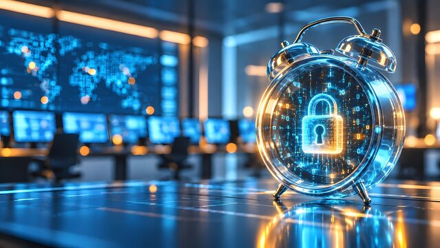 Glowing digital padlock inside glass alarm clock in high tech security operations center representing time sensitive cyber defense