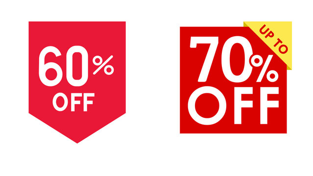 Seasonal sales promotion label set featuring sixty and seventy percent discount tags for e commerce website marketing and retail display