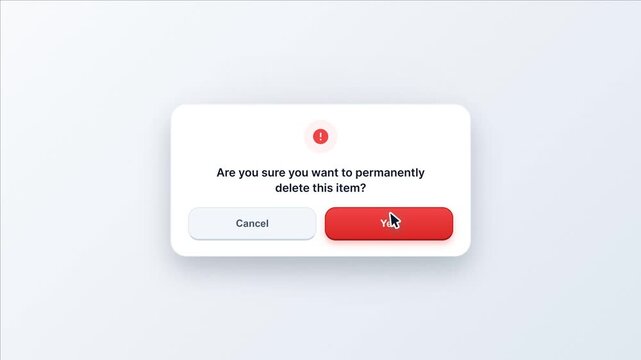 Delete Button Click Animation with Mouse Cursor Clicking Delete, File Removal and Confirmation Message, Trash Icon, Data Deletion, User Interface, Digital File Management and Technology