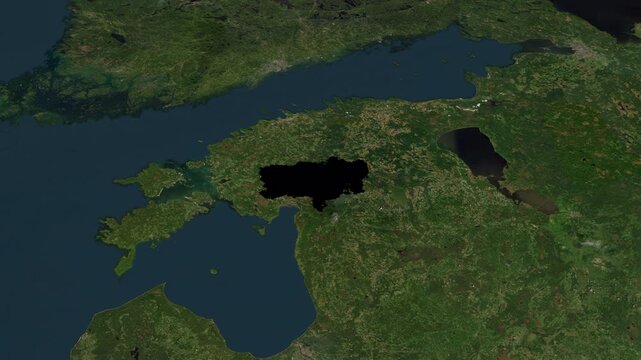 Satellite map animation of Estonia with zoom in and zoom out, moving clouds, growing ink-shape waving flag of the country, white outline indicating the border. Concept for broadcast, social media. 