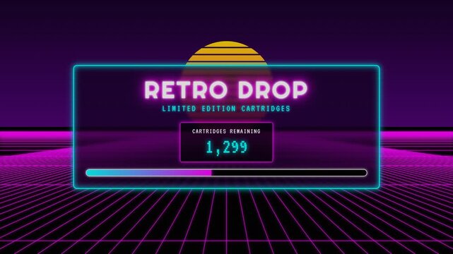 80s Vaporwave and Synthwave style 4K motion graphic for retro drops and arcade sales. Features a moving pseudo-3D neon grid, glowing sunset, pixel fonts, and a VHS glitch GAME OVER sold-out screen.