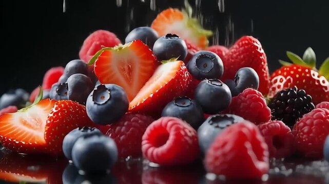 Close-up cinematic video of fresh berry salad a gently falling berry salad motion, strawberries, raspberries, blueberries reflecting studio key light