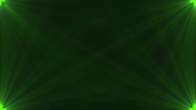 Dynamic Green Stage Spotlights Animated Motion Graphic with Four Corner Beams and Atmospheric Volumetric Light Rays, Concert Laser Effect Background Loop for Events, Parties and Shows