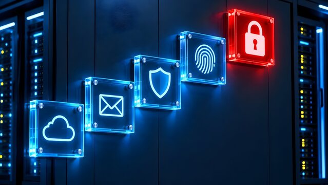 Red glowing compromised padlock among blue security icons on server rack illustrating localized network data breach