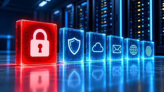 Red glowing compromised padlock block standing out among secure blue digital icons on server room floor