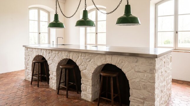 Modern industrial kitchen island with stone arches and green pendant lights.