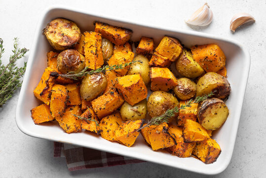 Autumn meal: oven roasted seasonal vegetables with garlic and herbs