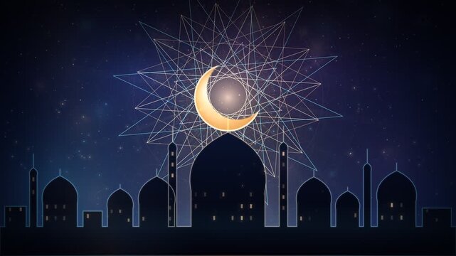 Ramadan Kareem greeting background with crescent moon and mosque silhouette animation loop