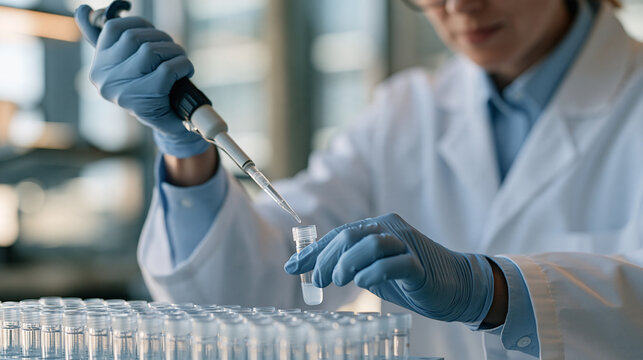 Norwegian geneticist pipetting DNA extraction solution into cryogenic vial amid rows of frozen biobanked samples, minus eighty freezer open in background, genomic research,