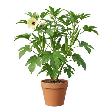 Okra Plant, Abelmoschus esculentus Botanical Specimen, Natural Detail, Isolated on White, White Background, Studio Shot, Clipping Path, Natural Object