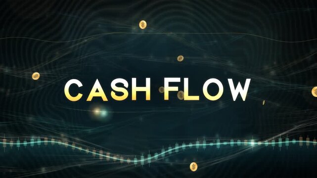 Digital Cash Flow Graphic Animation with Floating Golden Dollar Coins and Currency Charts