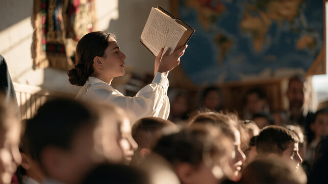 Armenian Sunday school classroom with rows of children reciting a memorized verse in unison, teacher holding open Bible aloft, traditional embroidered fabric hanging on the wall