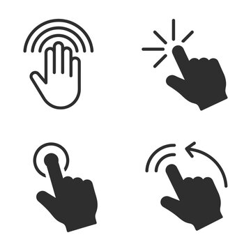 Touchscreen gesture icons set showing tap swipe and click hand symbols in black