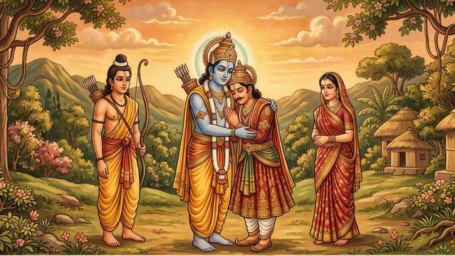 Traditional Indian Calendar Painting of Bharat Milap