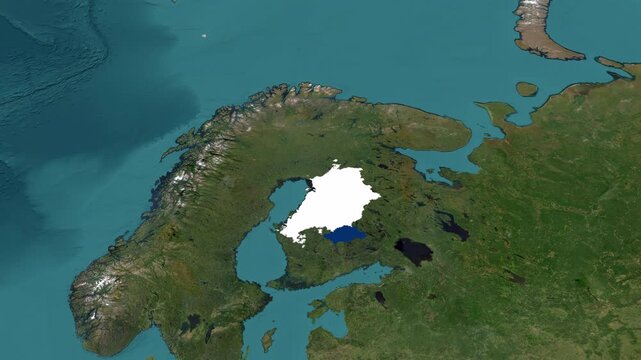 Satellite map animation of Finland with zoom in and zoom out, moving clouds, growing ink-shape waving flag of the country, blue outline indicating the border. Concept for broadcast, social media. 