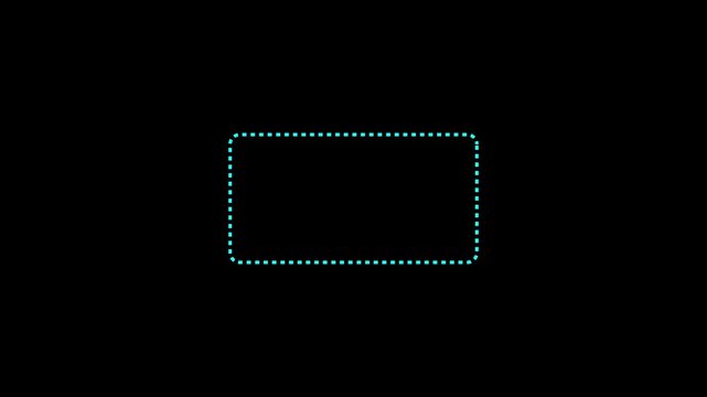 Dotted line rectangle frame animation on black background. Animation of a dotted line path from left to right point on motion graphics of black background.