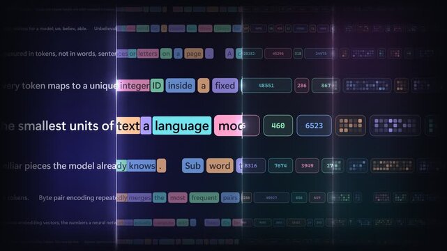 AI language model tokenization process showing text breaking into numerical tokens in 4K loop