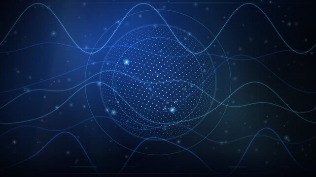 Digital news globe background with flowing wave lines and glowing data sphere