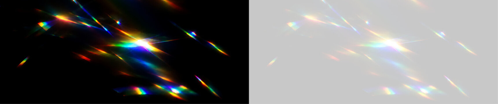 Rainbow prism light leak overlay on transparent and black background. Crystal refraction flare effect with colorful spectrum diffraction beams
