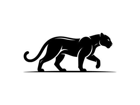 Sleek black panther silhouette walking, powerful cougar mascot vector, minimalist wild cat logo design, athletic feline predator illustration