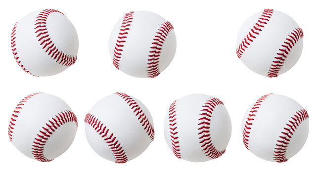 Multiple white baseballs with red stitching arranged in a collection