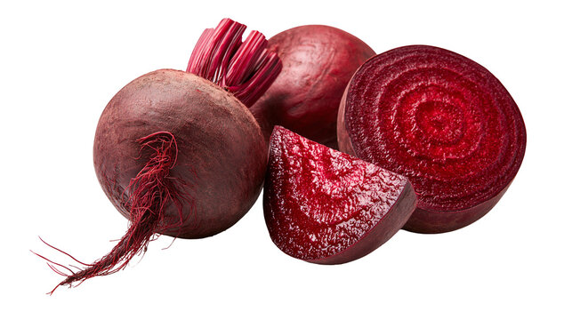 Fresh whole and sliced red beetroots with green stems