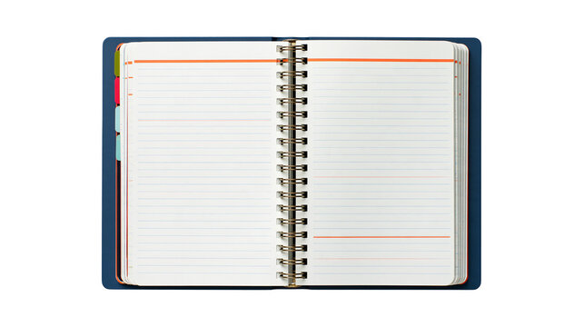 Open spiral bound notebook with lined pages and colorful index tabs