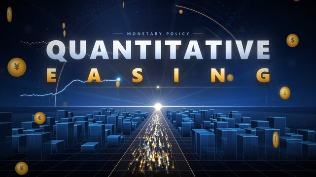 Quantitative easing monetary policy 3D animation with city grid and financial data loop