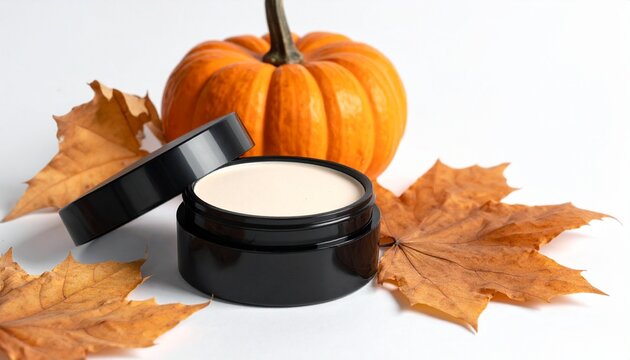 Autumnal Skincare Routine featuring Organic Pumpkin Extract Cream Jar and Dried Maple Leaves for a Festive Halloween Season Beauty Mockup Display
