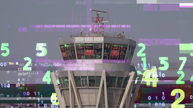 air traffic control tower at an airport with code and data mapped 
